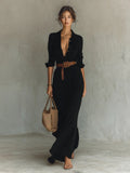robe longue femme col chemise manches longues en noir