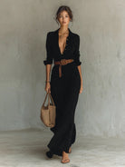 robe longue femme col chemise manches longues en noir