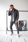 veste chemise homme manches longues poches poitrine en gris fonce