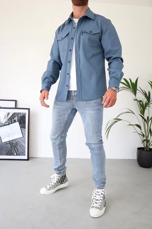 veste chemise homme manches longues poches poitrine en bleu