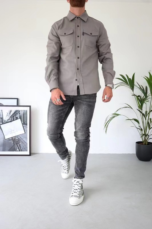 veste chemise homme manches longues poches poitrine en gris