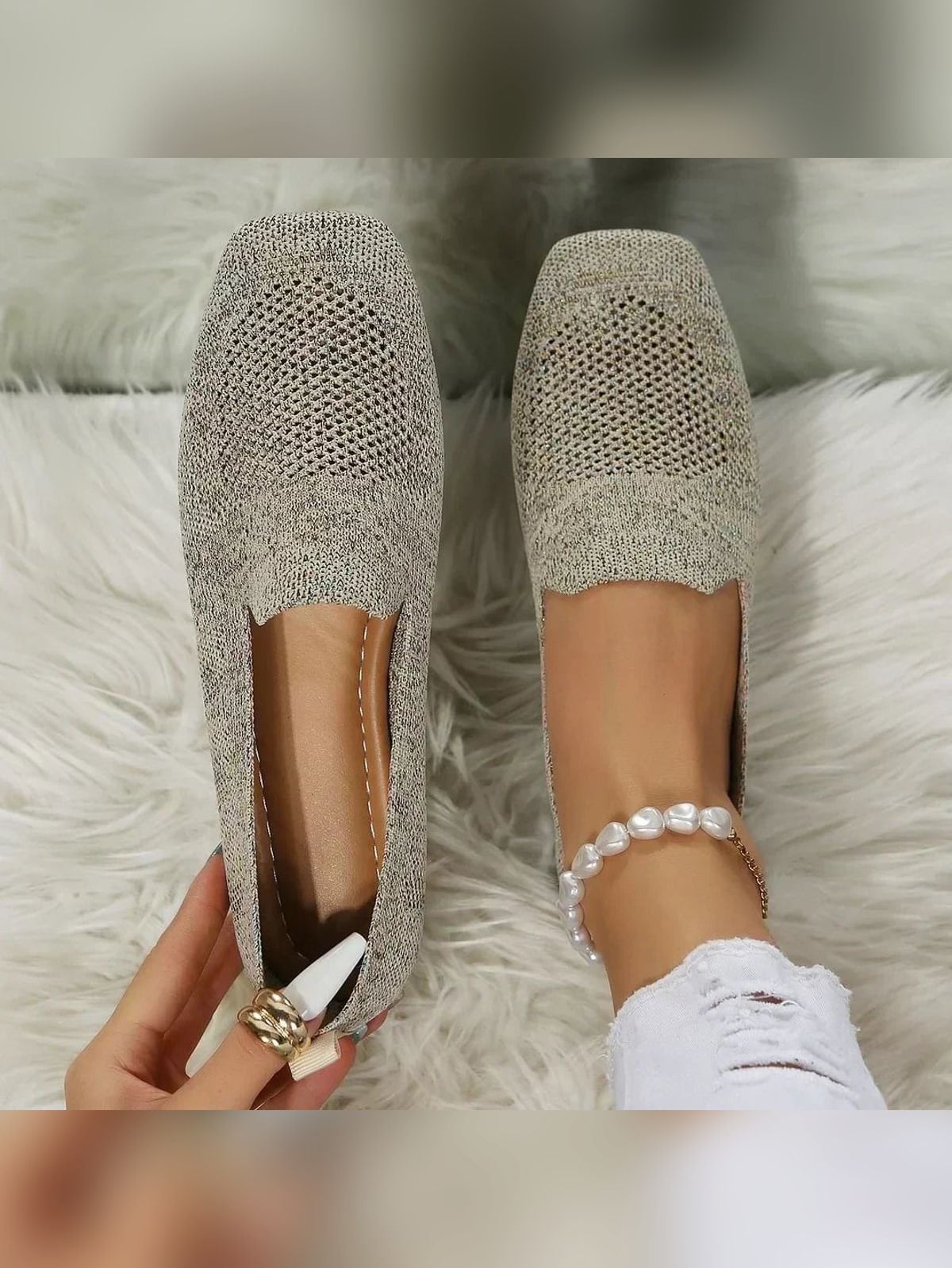 ballerine femme bout carré maille ajourée en beige