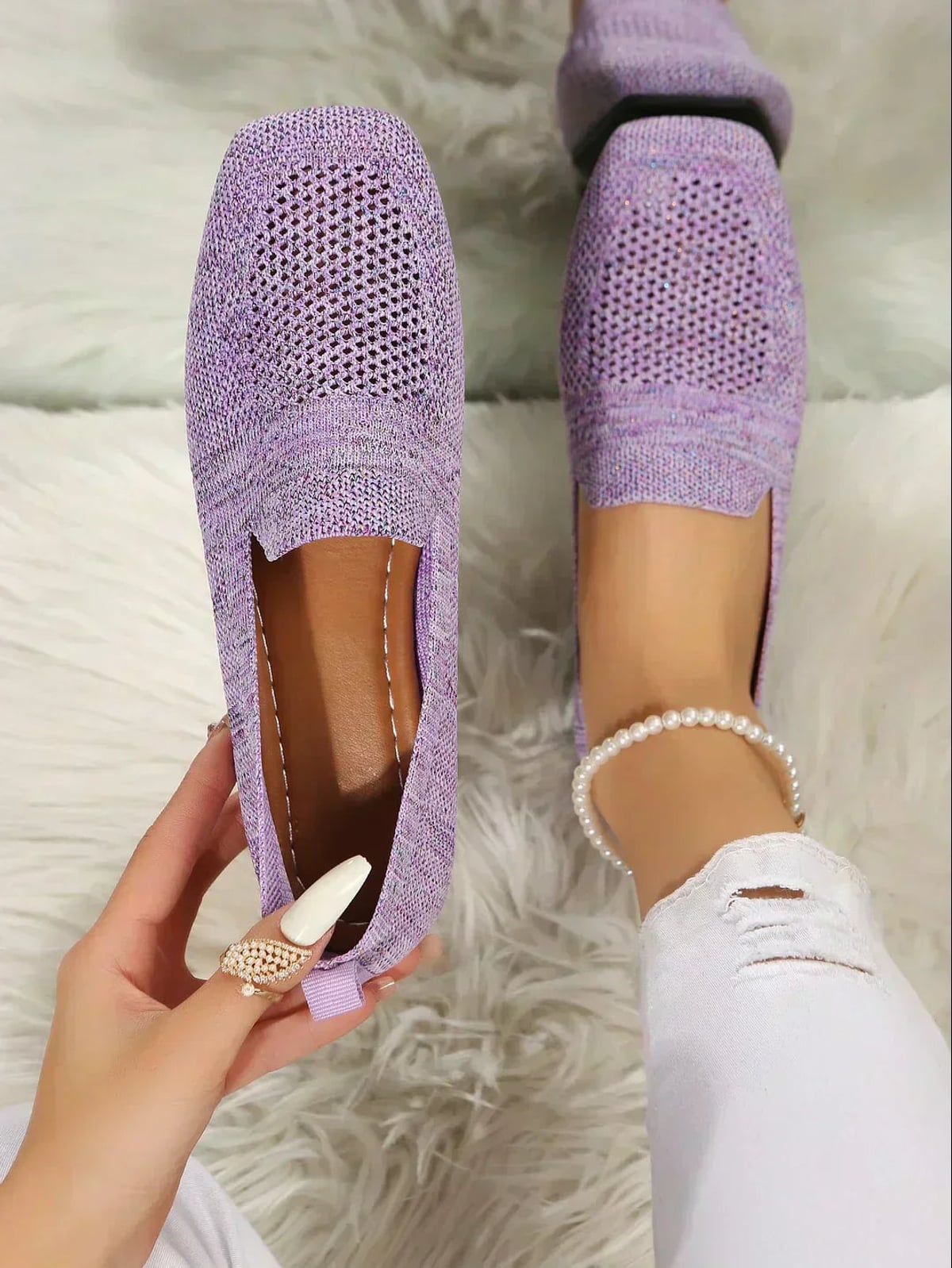 ballerine femme bout carré maille ajourée en violet
