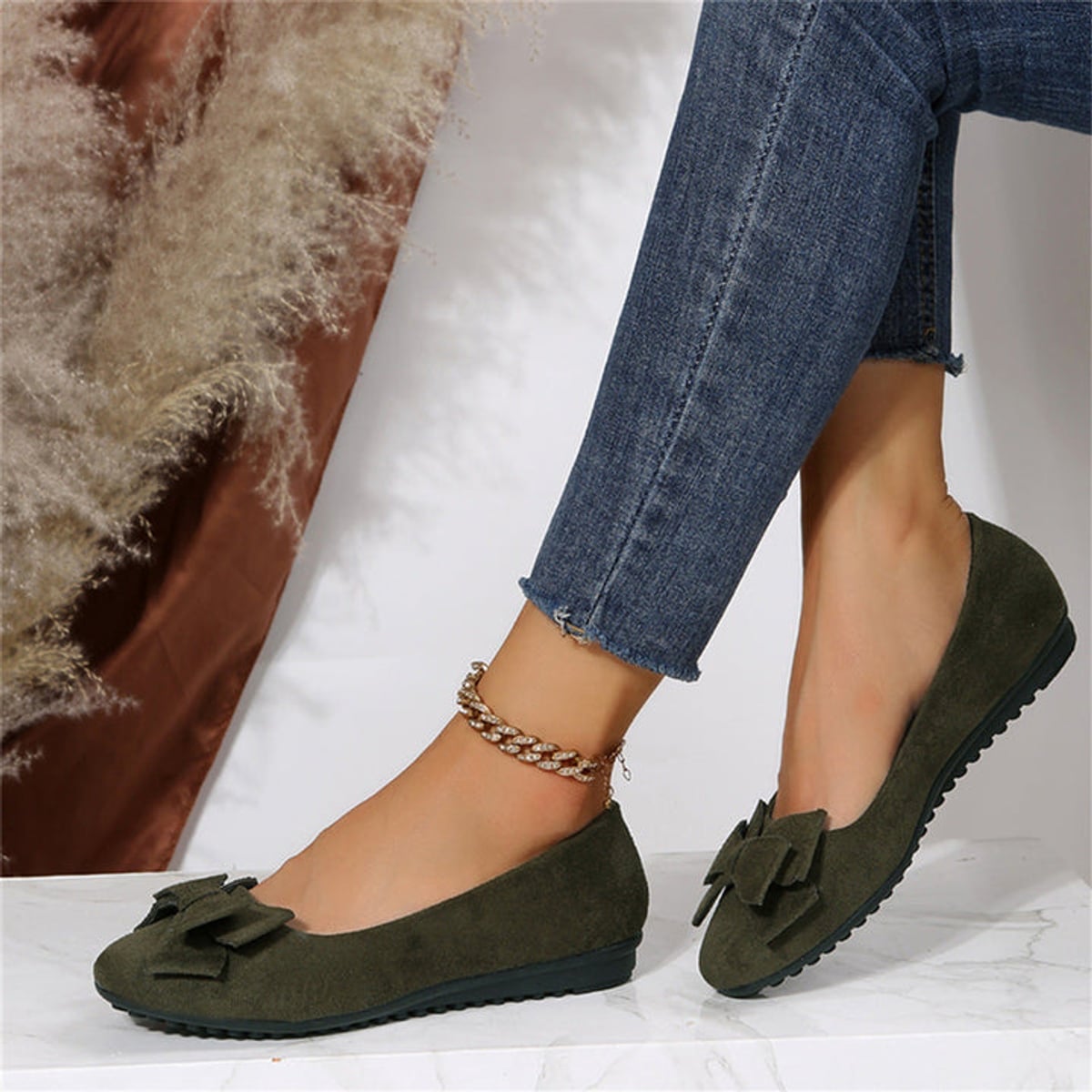ballerine femme bout rond nœud en vert foncé