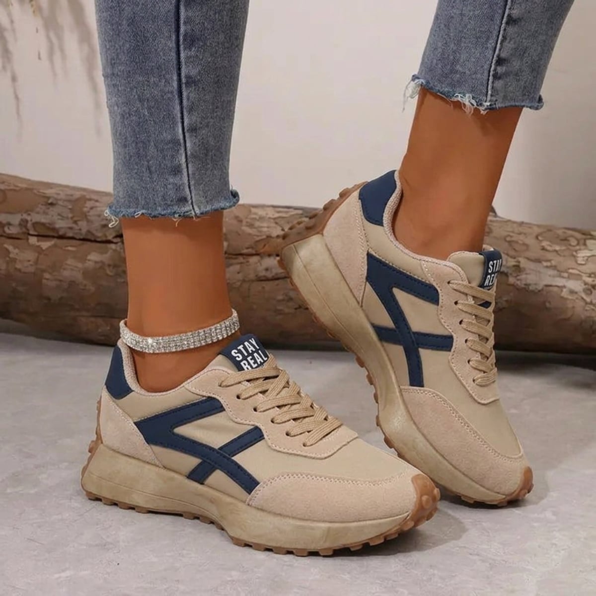 basket femme style rétro lacets en beige - bleu