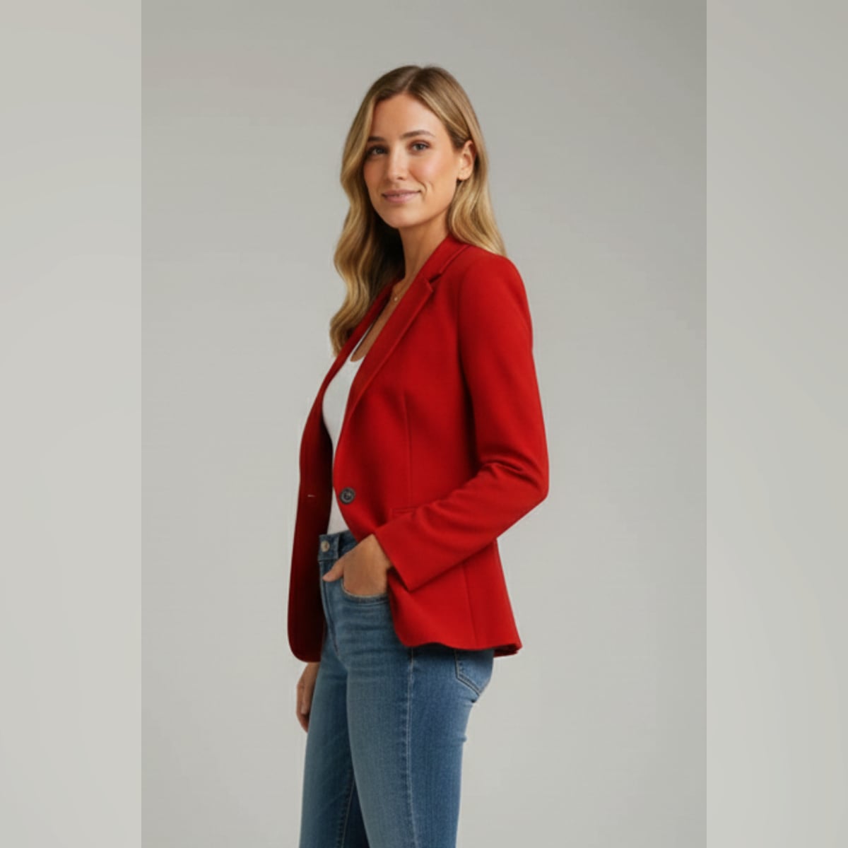 blazer femme col cranté un bouton en rouge