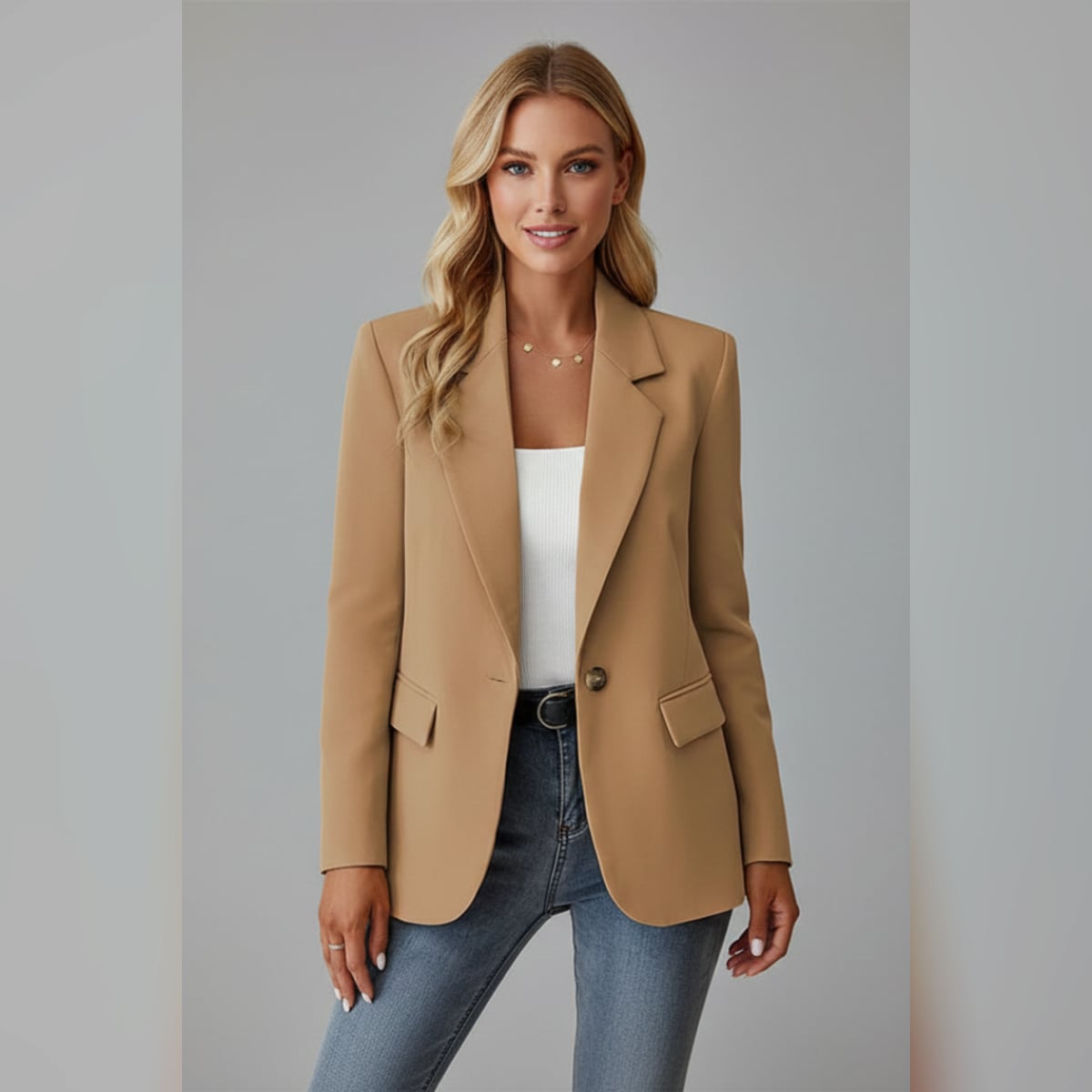 blazer femme col cranté un bouton en camel