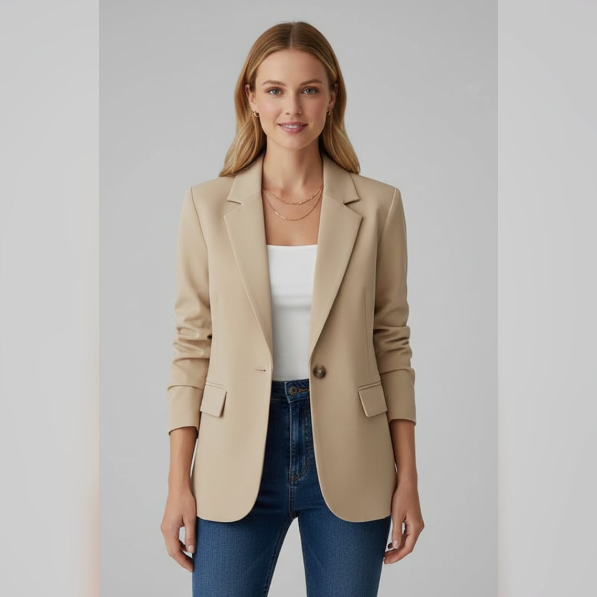 blazer femme col cranté un bouton en beige