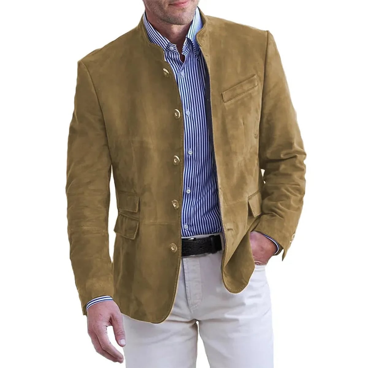 blazer homme col mao coupe ajustée manches longues en kaki