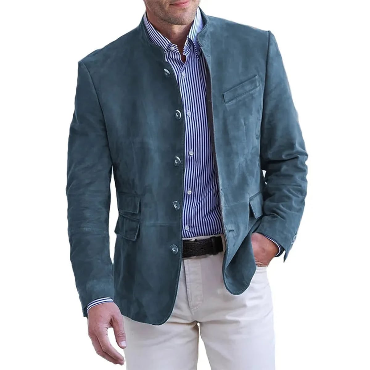 blazer homme col mao coupe ajustée manches longues en bleu