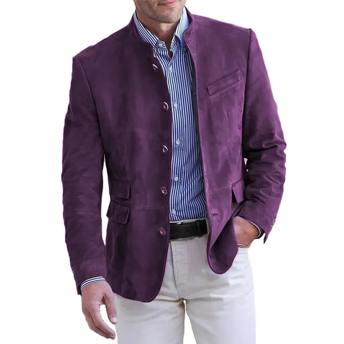 blazer homme col mao coupe ajustée manches longues en violet