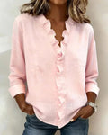 blouse femme col en v à volants manches longues en rose