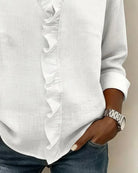 blouse femme col en v à volants manches longues en blanc