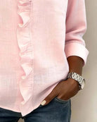 blouse femme col en v à volants manches longues en rose