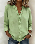 blouse femme col en v à volants manches longues en vert