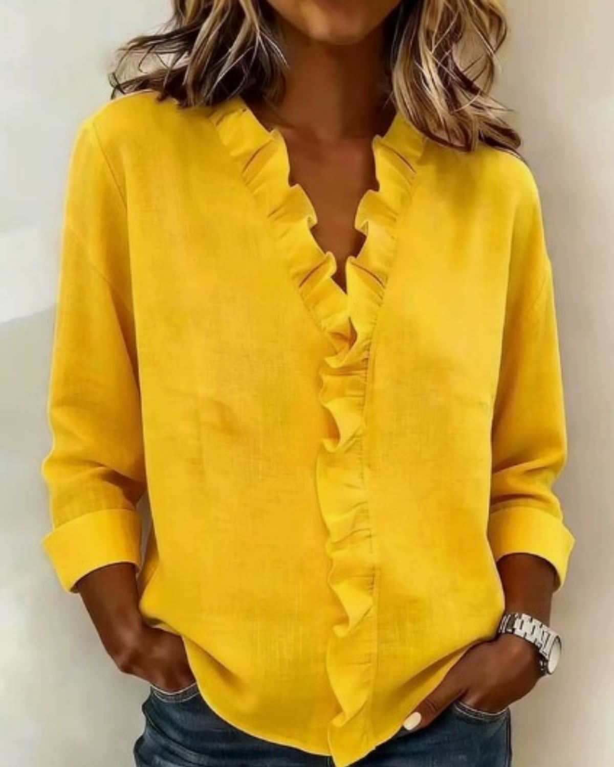 blouse femme col en v à volants manches longues en jaune