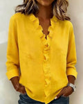 blouse femme col en v à volants manches longues en jaune