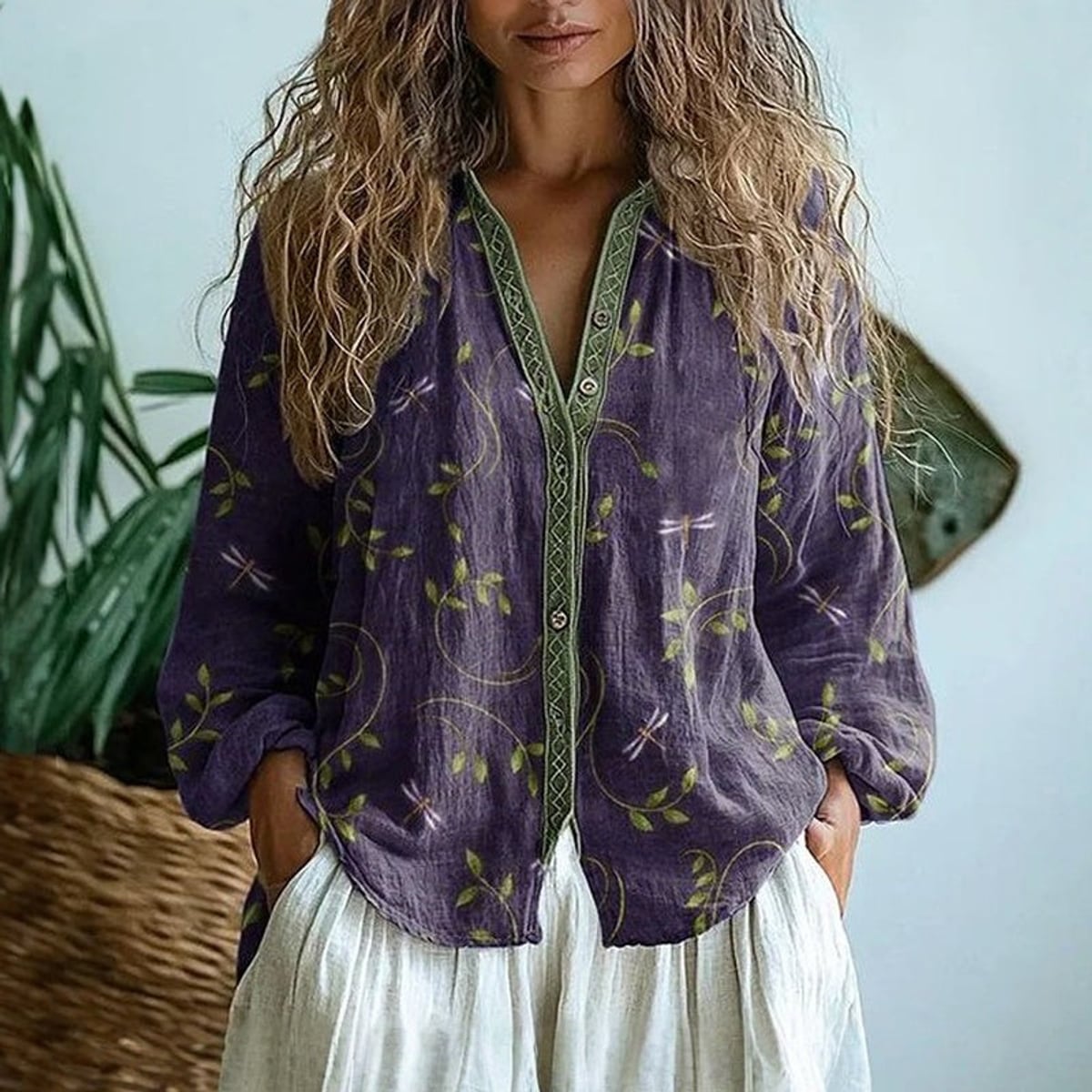 blouse femme col en v manches longues imprimé en violet