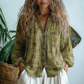 blouse femme col en v manches longues imprimé en vert