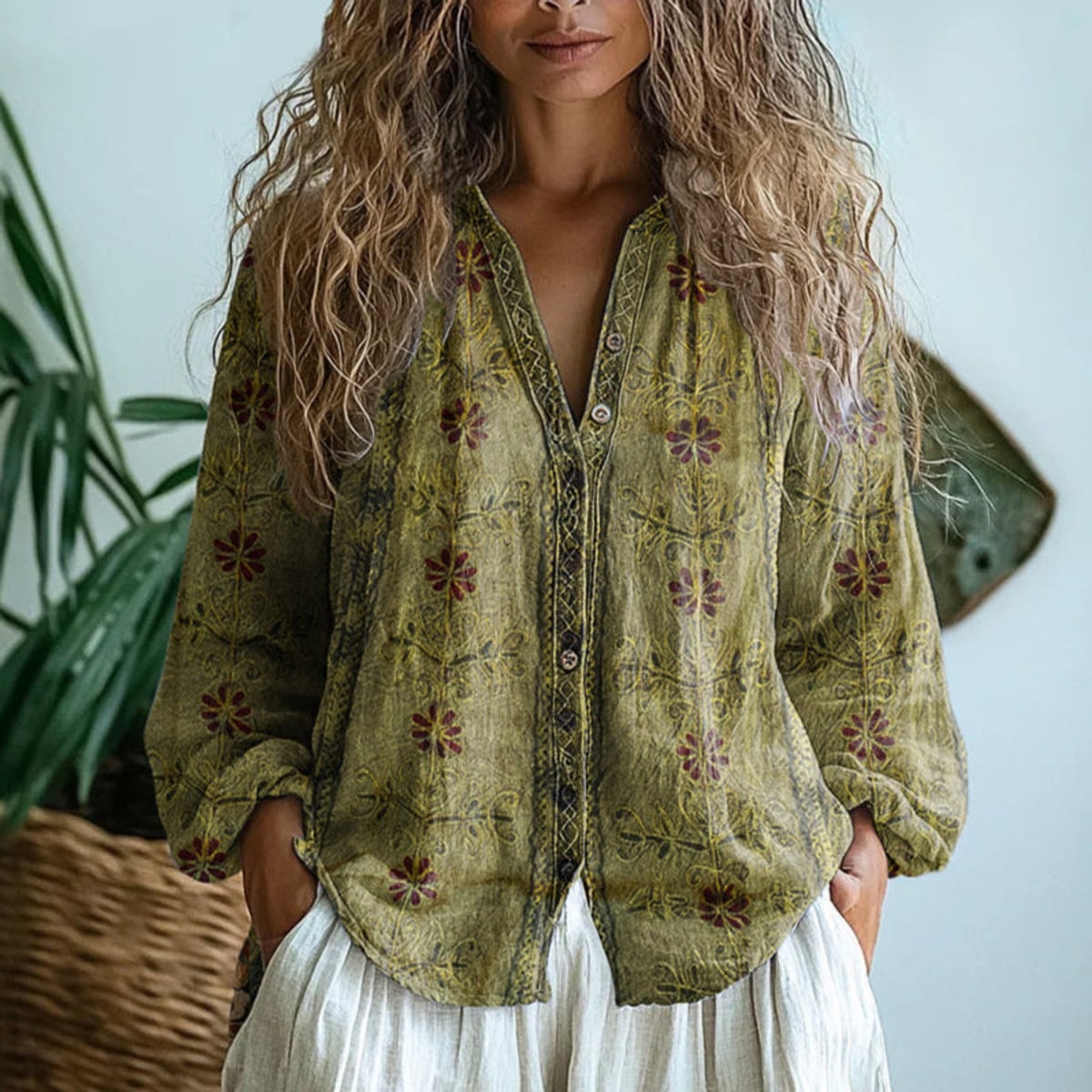 blouse femme col en v manches longues imprimé en vert