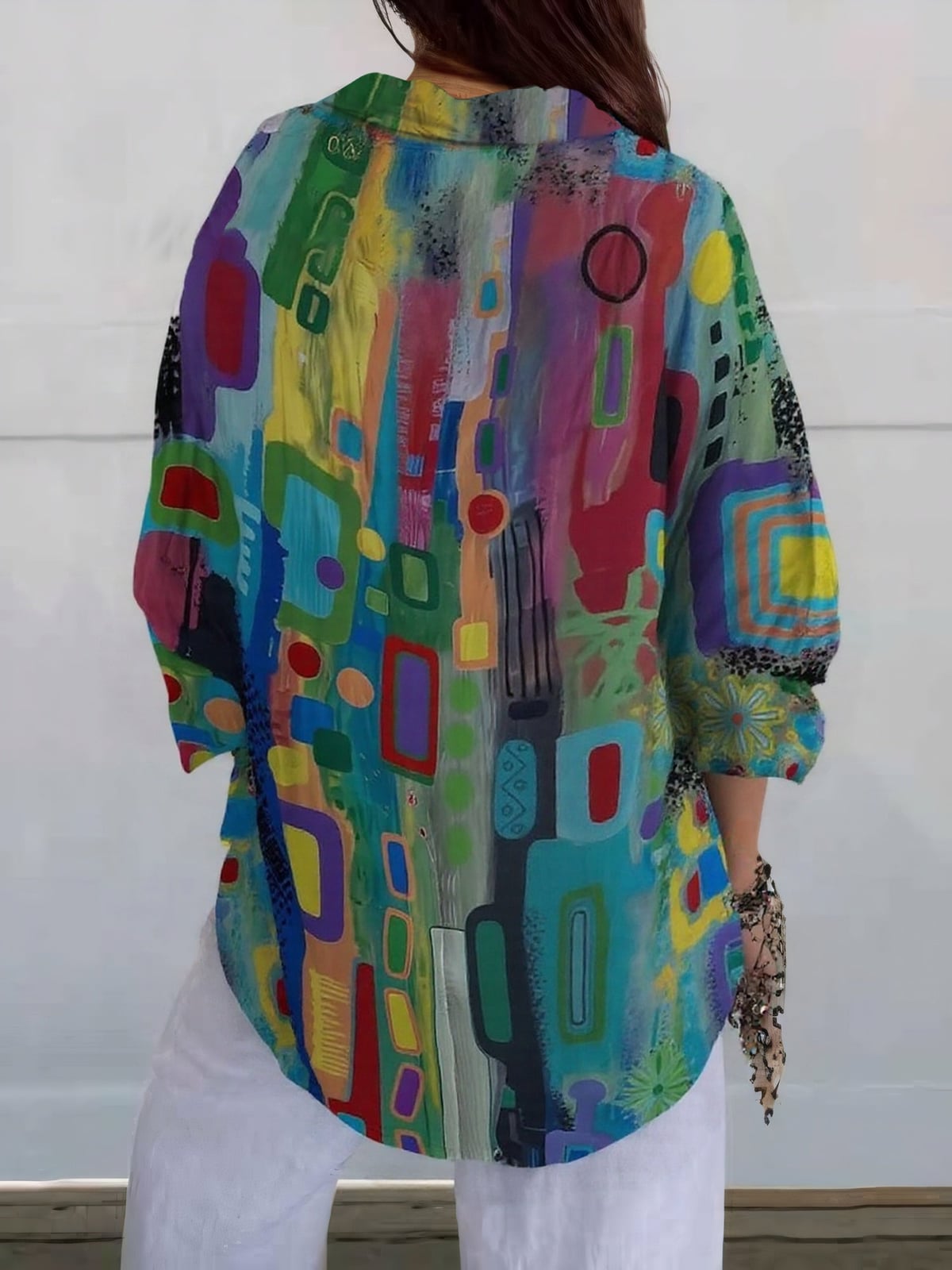 blouse femme imprimé géométrique manches longues en multicolore