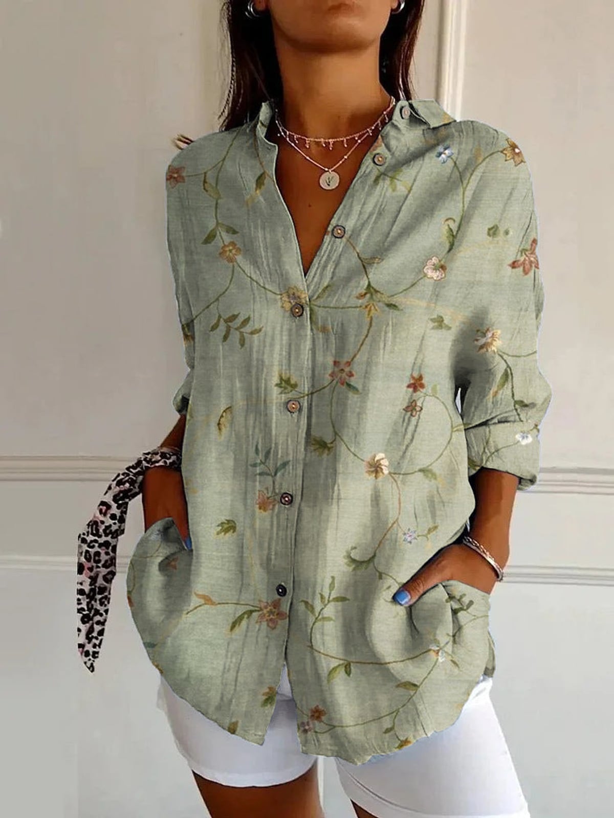 blouse femme imprimé géométrique manches longues en feuille verte