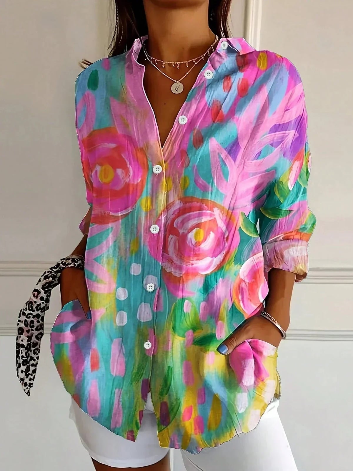 blouse femme manches longues imprimé fleuri en rose