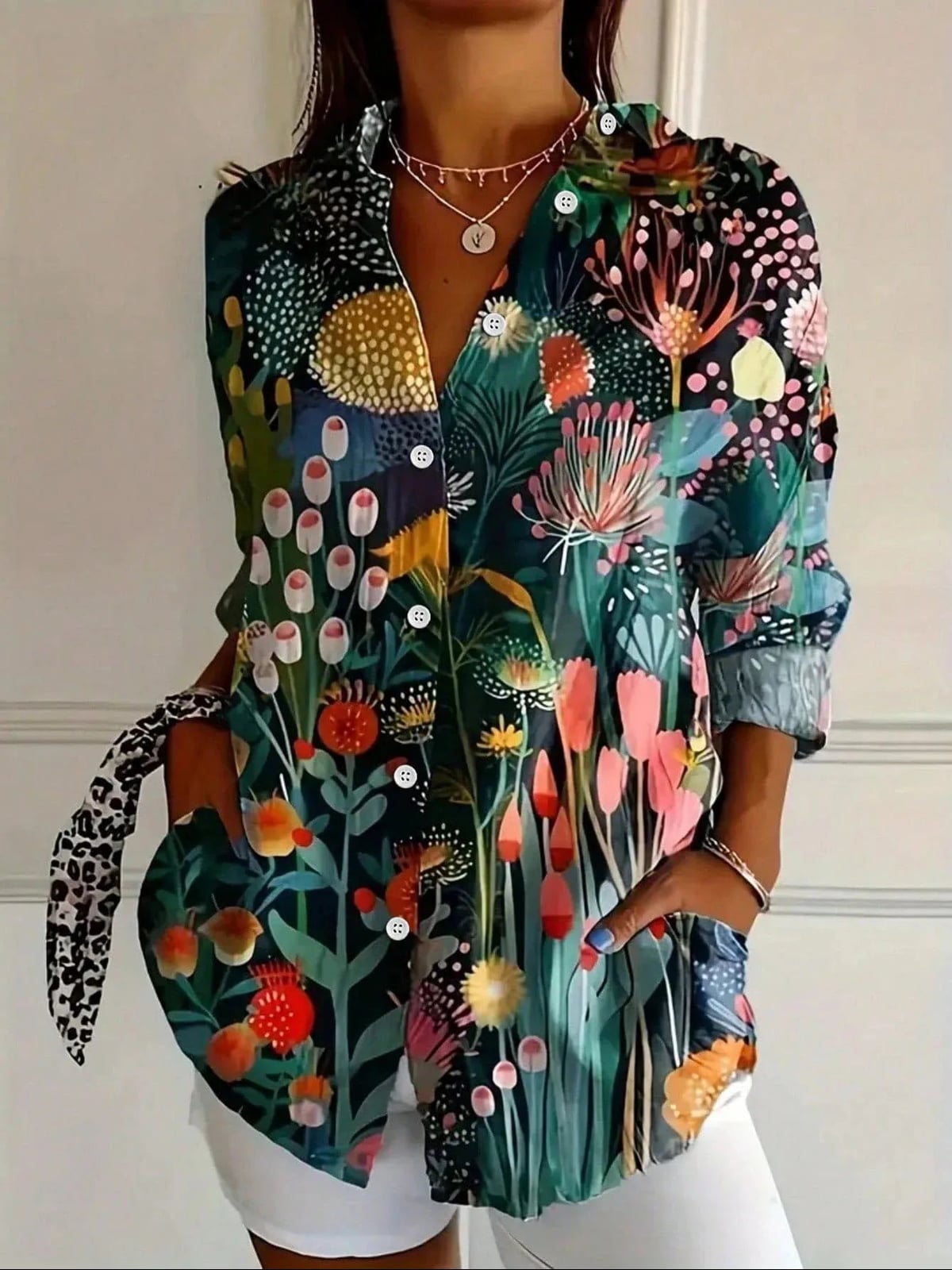 blouse femme manches longues imprimé fleuri en vert