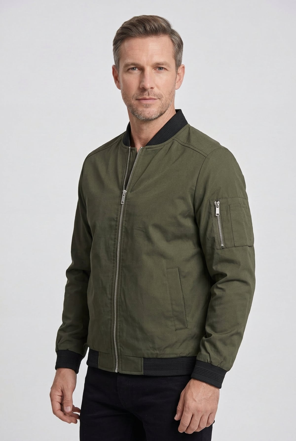bomber homme col côtelé zippé en vert kaki