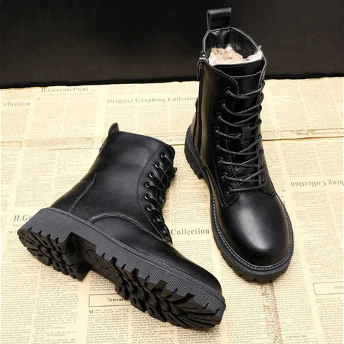 boots femme fourrées lacets plateforme en noir