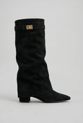 bottes femme hautes à talon carré en noir (aspect daim)