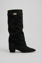 bottes femme hautes à talon carré en noir (aspect daim)