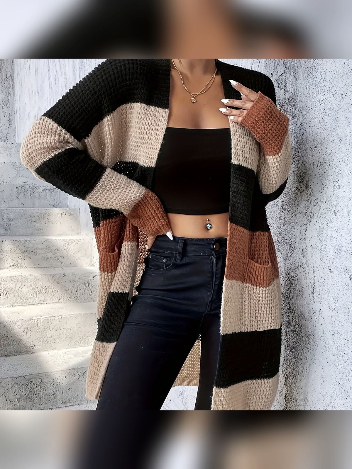 cardigan femme long oversize color block en noir