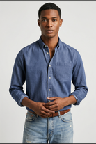 chemise homme col boutonné manches longues en bleu