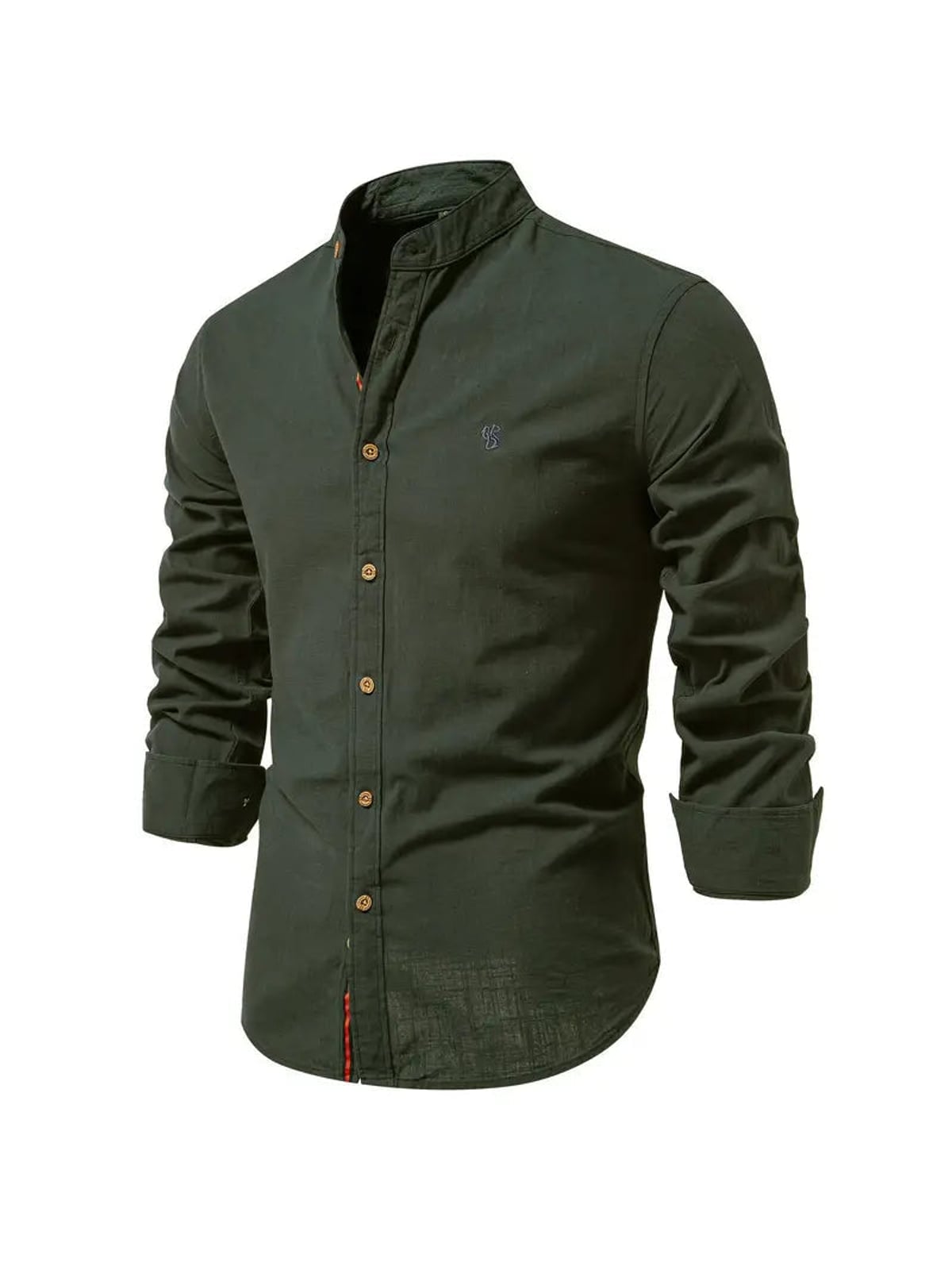 chemise homme col montant coupe slim manches longues en vert foncé
