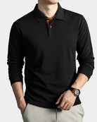 chemise homme col polo manches longues coupe slim en noir