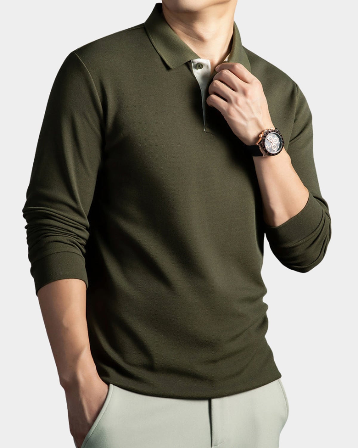 chemise homme col polo manches longues coupe slim en vert foncé