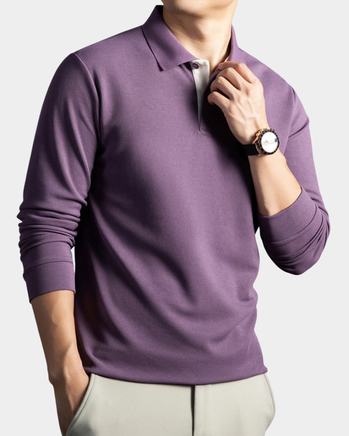 chemise homme col polo manches longues coupe slim en violet