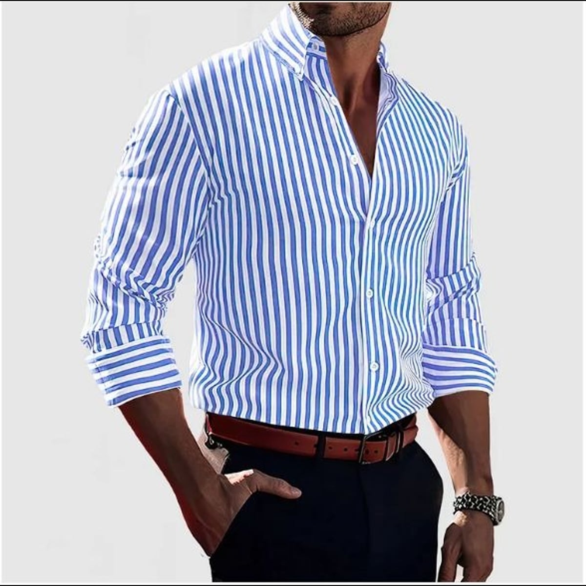 chemise homme coupe ajustée rayures manches longues en bleu clair 