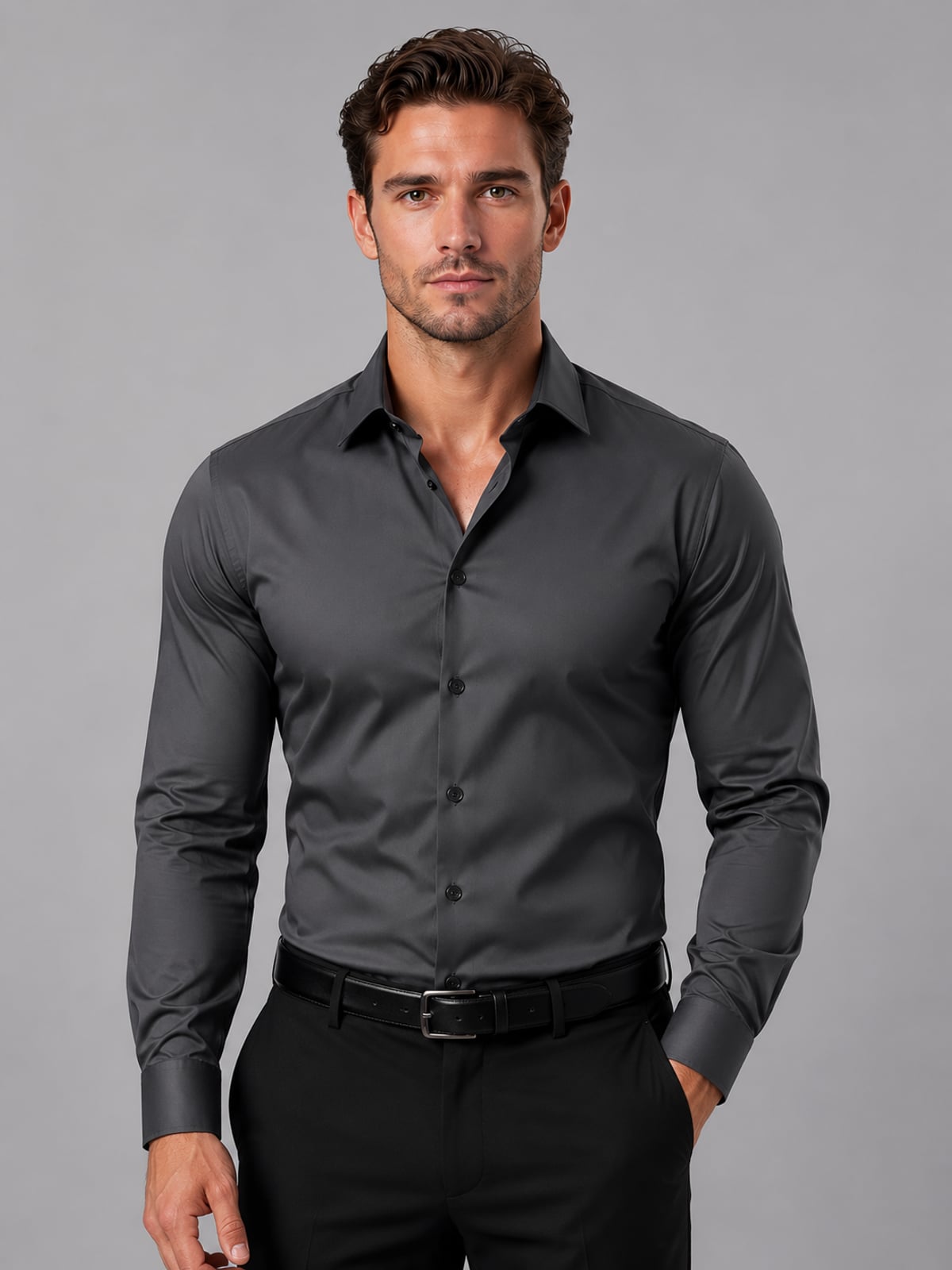 chemise homme coupe slim col classique boutons poignets en gris noir