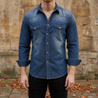 chemise homme coupe slim manches longues en bleu foncé