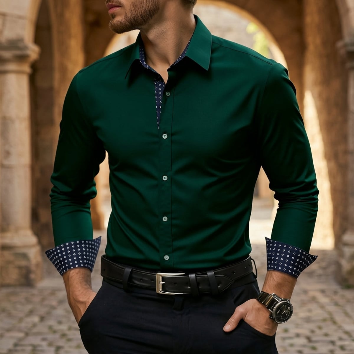 chemise homme luxe coupe slim manches longues en vert