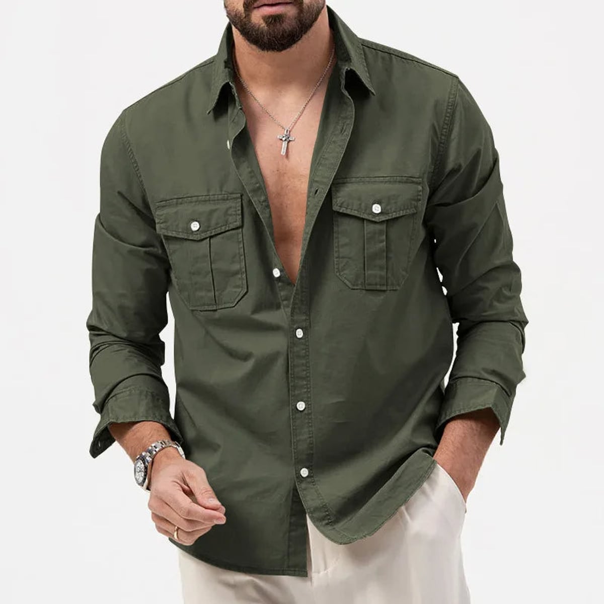 chemise homme manches longues poches utilitaires en vert foncé