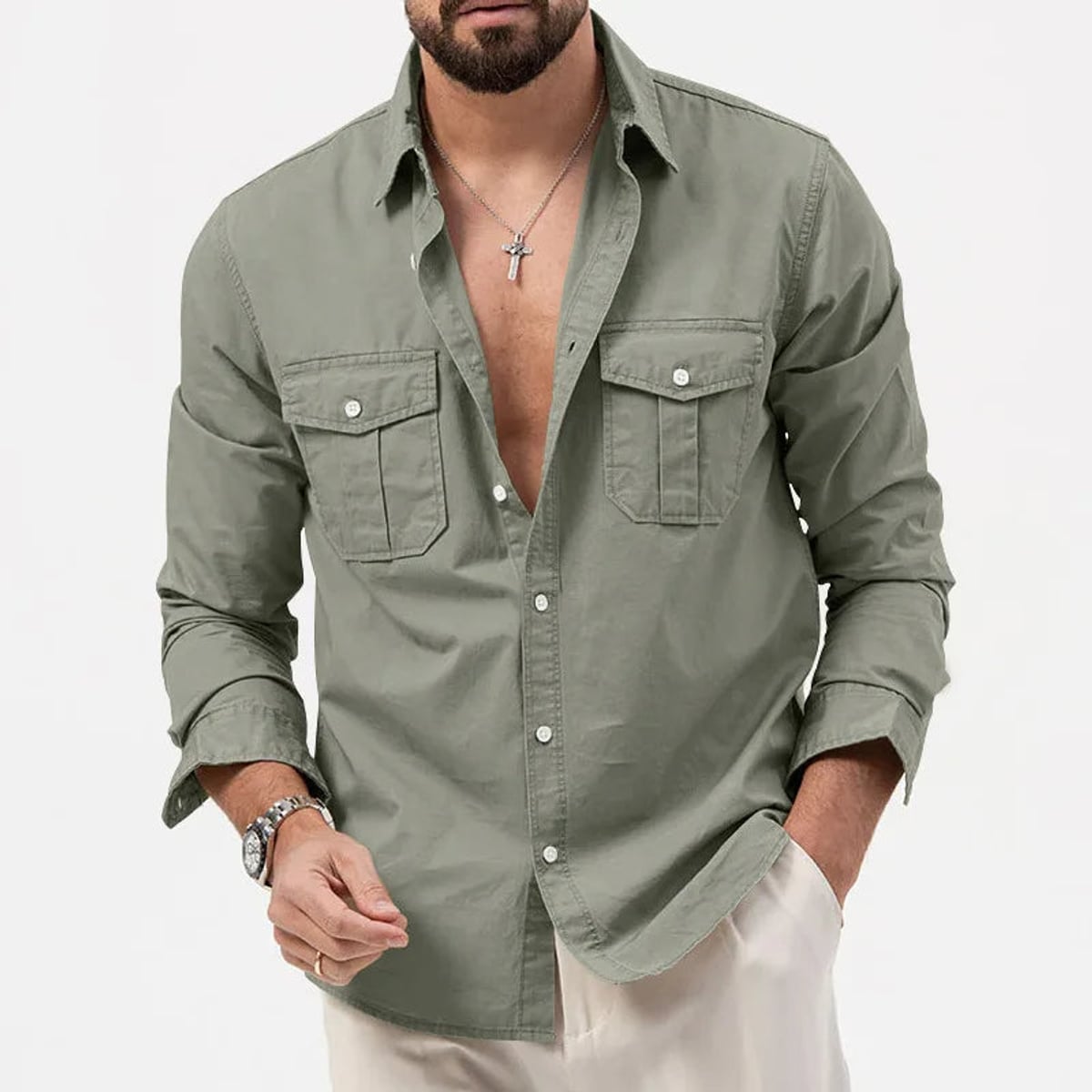 chemise homme manches longues poches utilitaires en vert