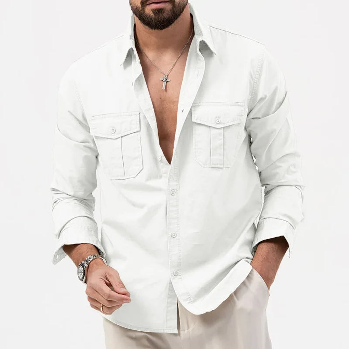 chemise homme manches longues poches utilitaires en blanc