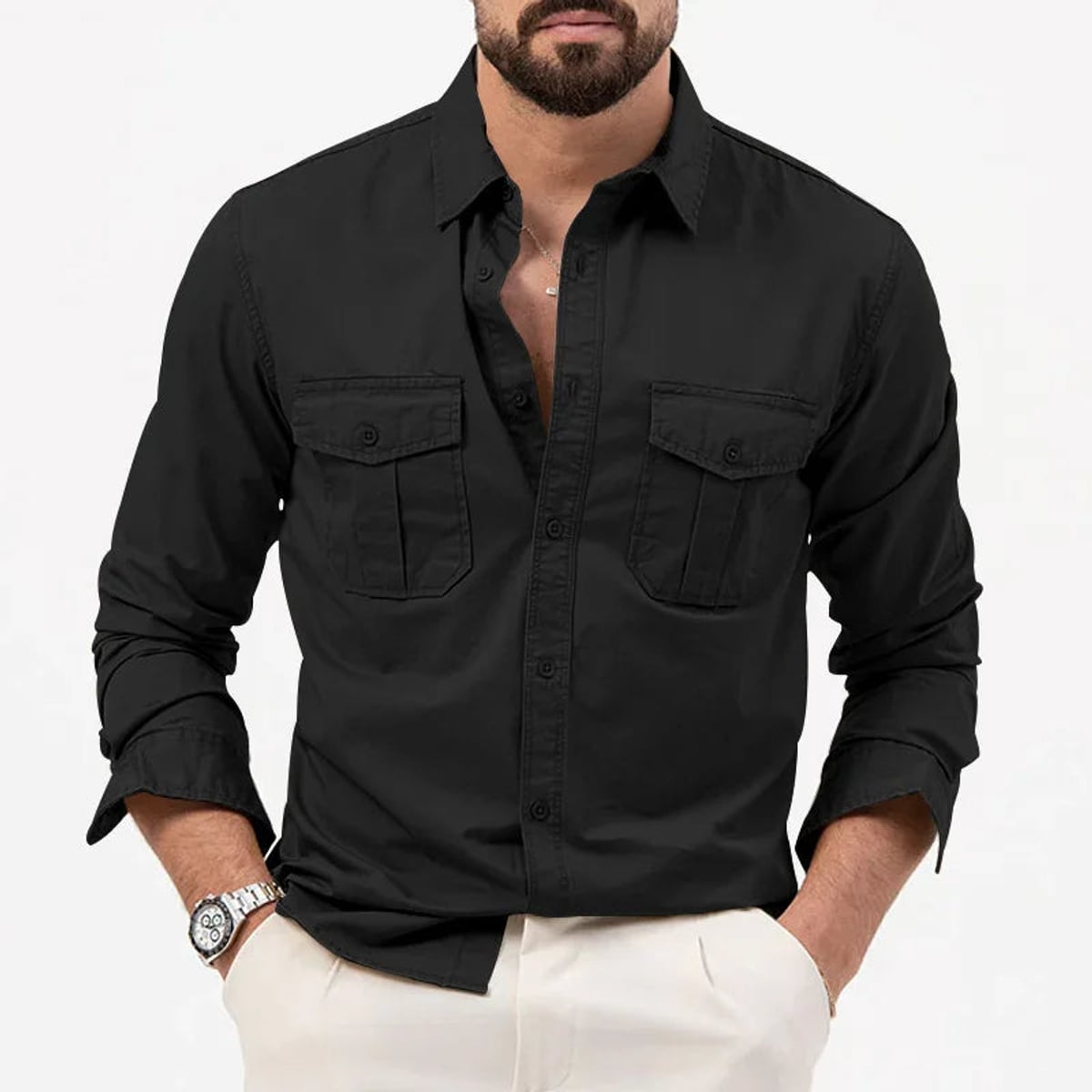chemise homme manches longues poches utilitaires en noir