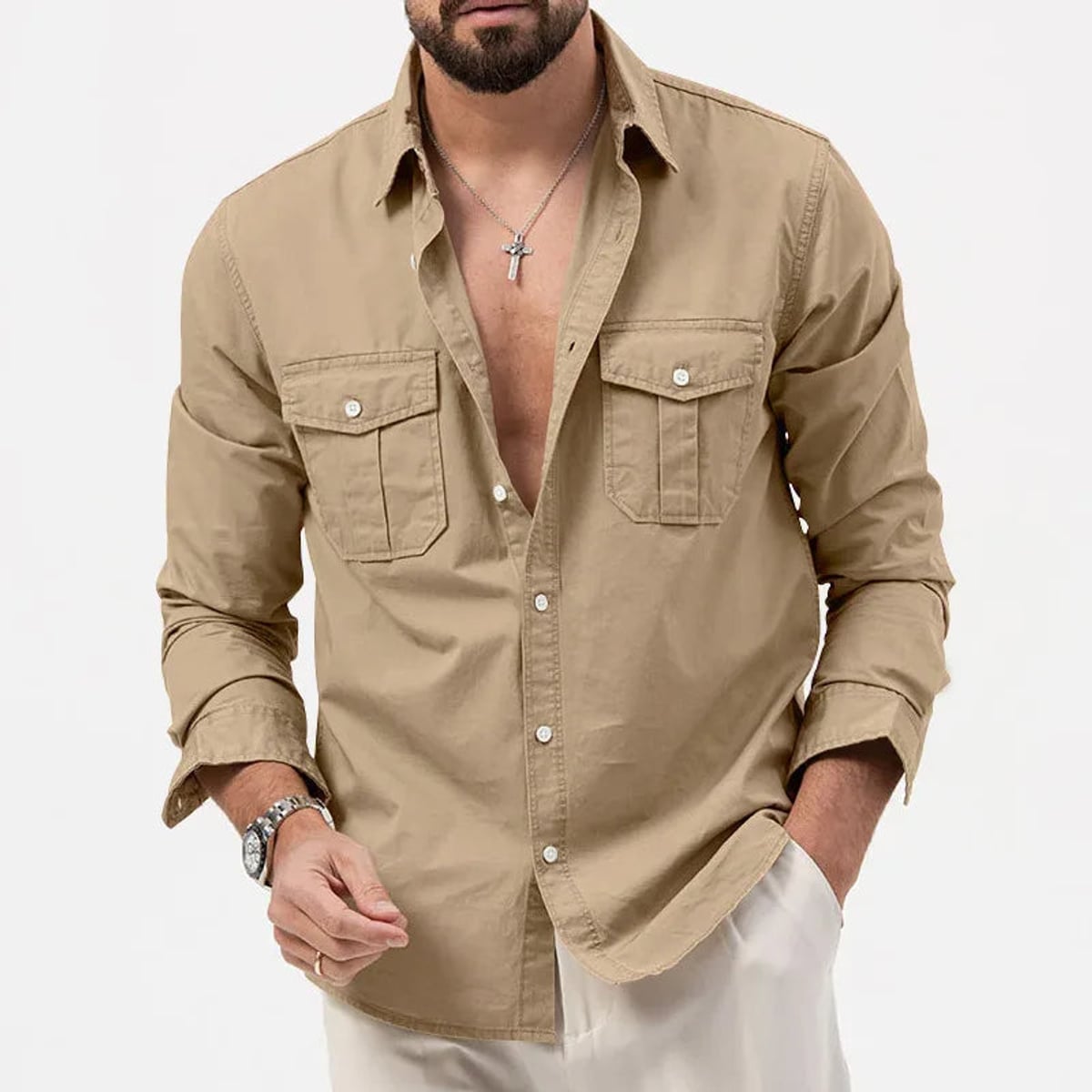 chemise homme manches longues poches utilitaires en kaki