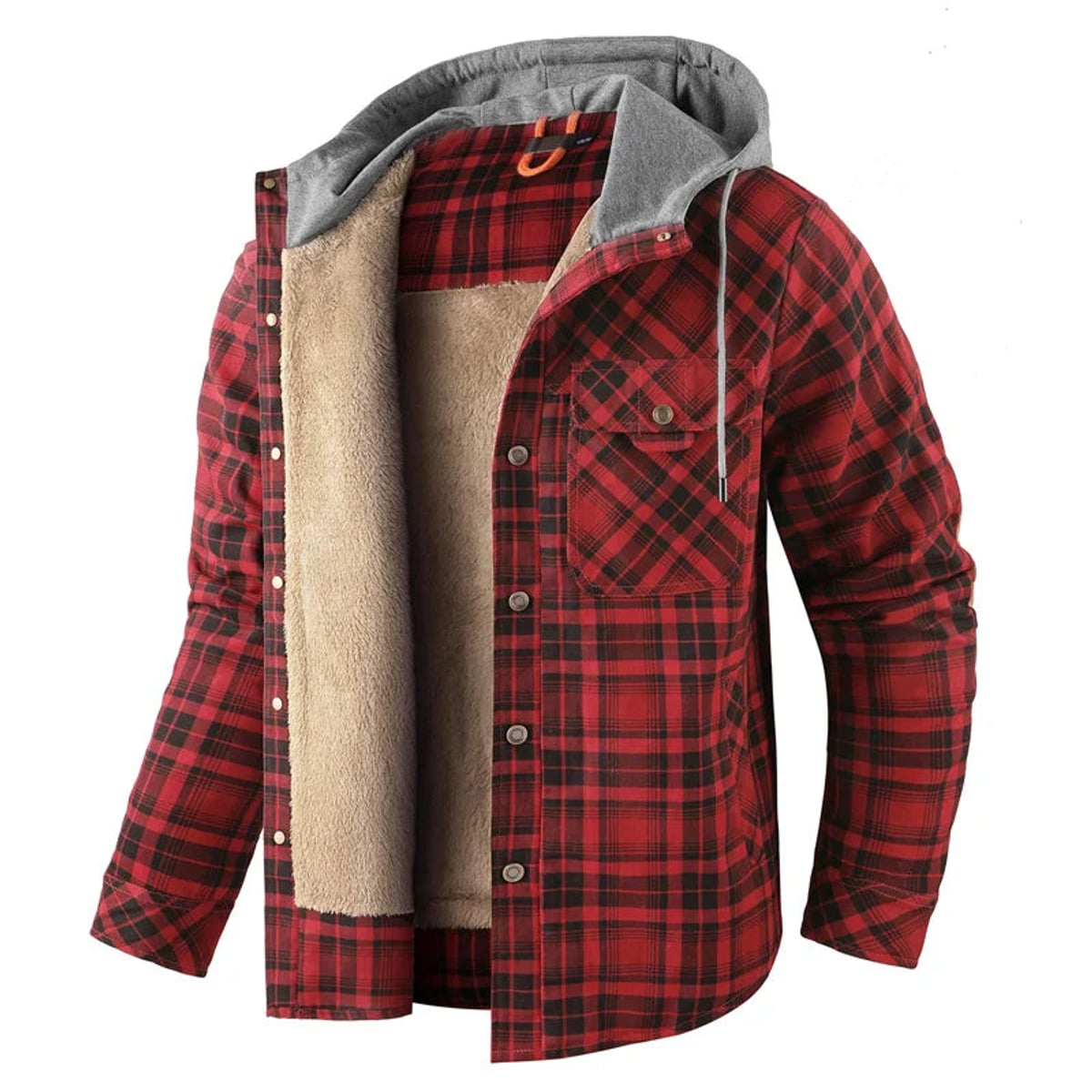 chemise veste homme à capuche doublée manches longues en rouge