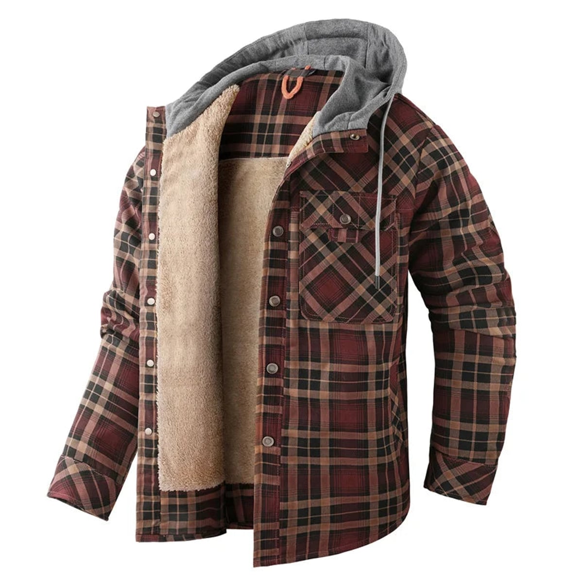 chemise veste homme à capuche doublée manches longues en marron foncé