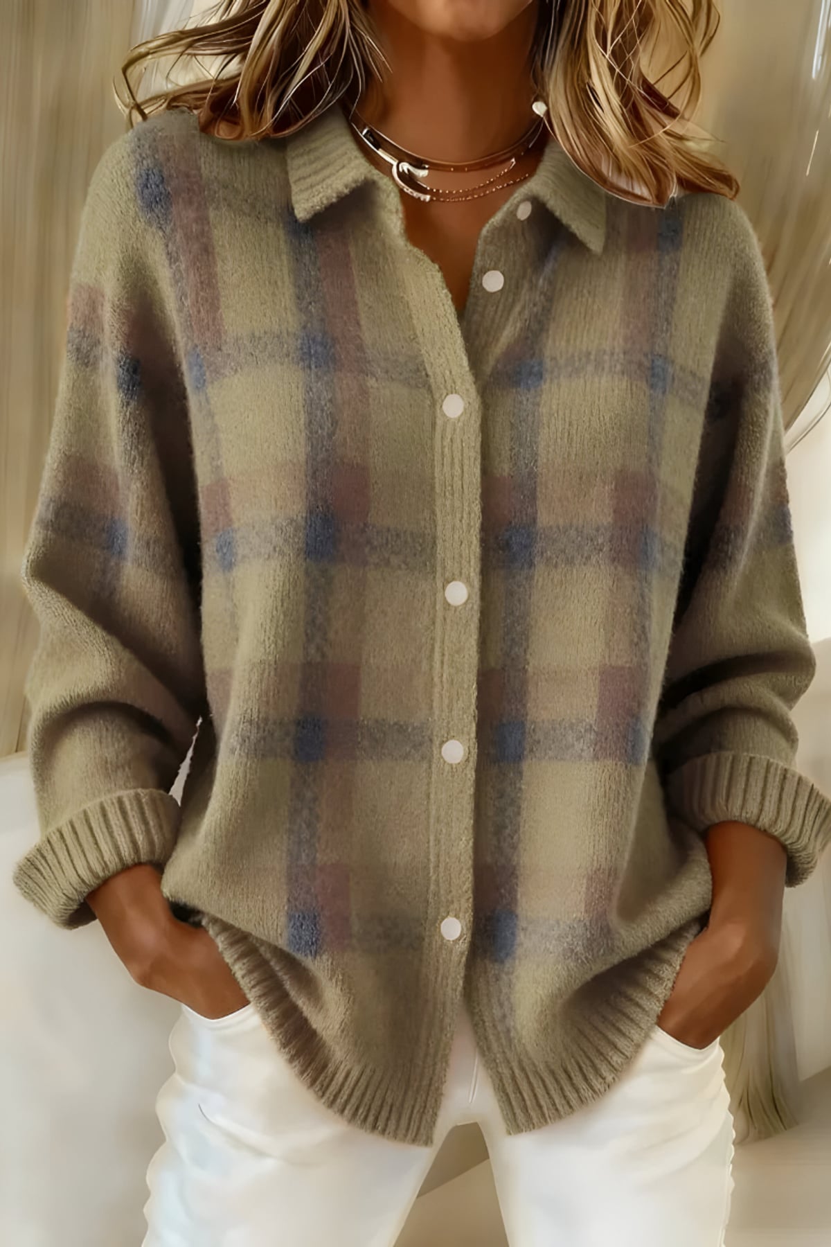 chemisier femme oversize à carreaux manches longues en marron